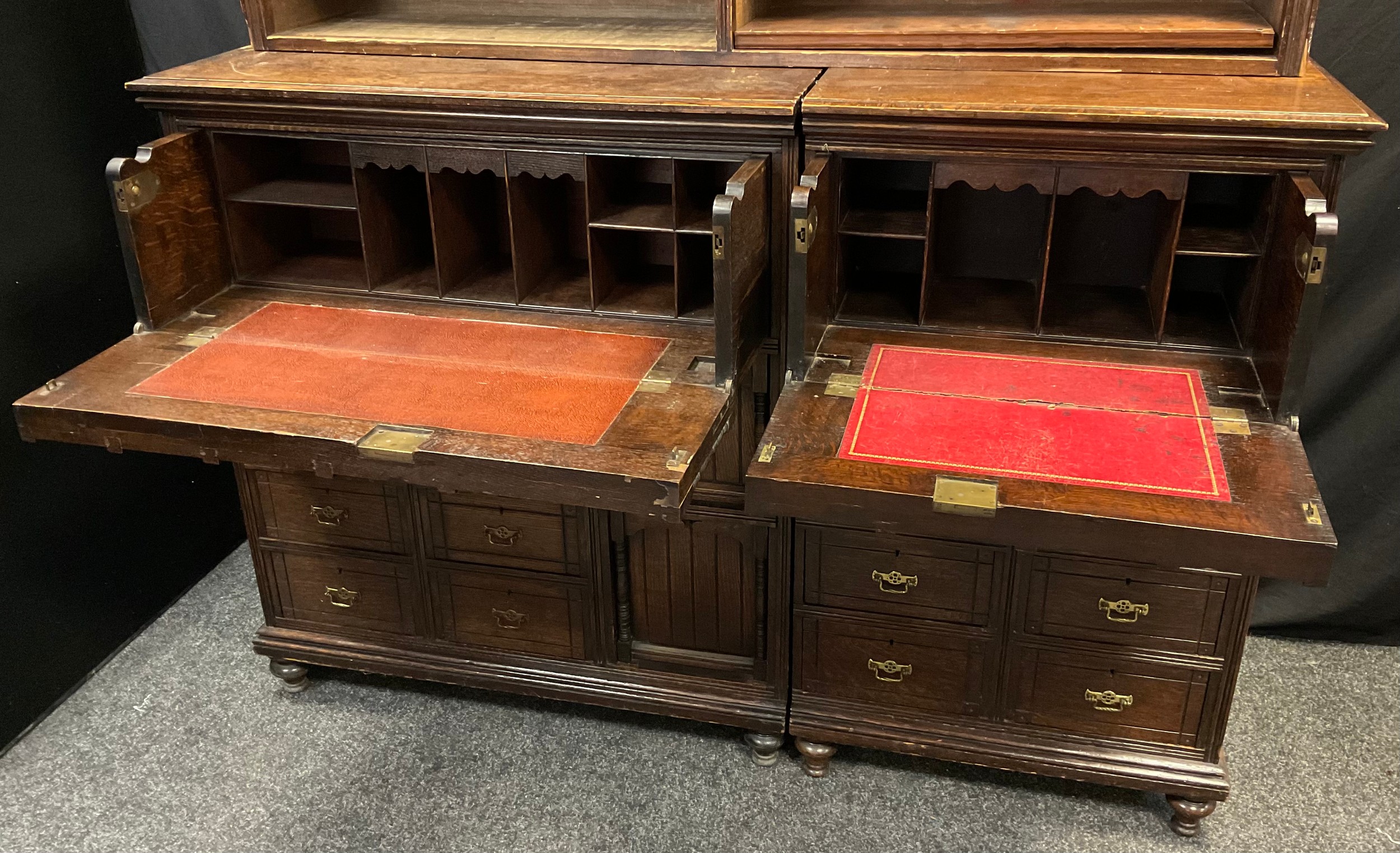 A Victorian oak Secretaire bookcase cabinet, three tier bookcase top, with moulded cornice, over a - Image 3 of 4