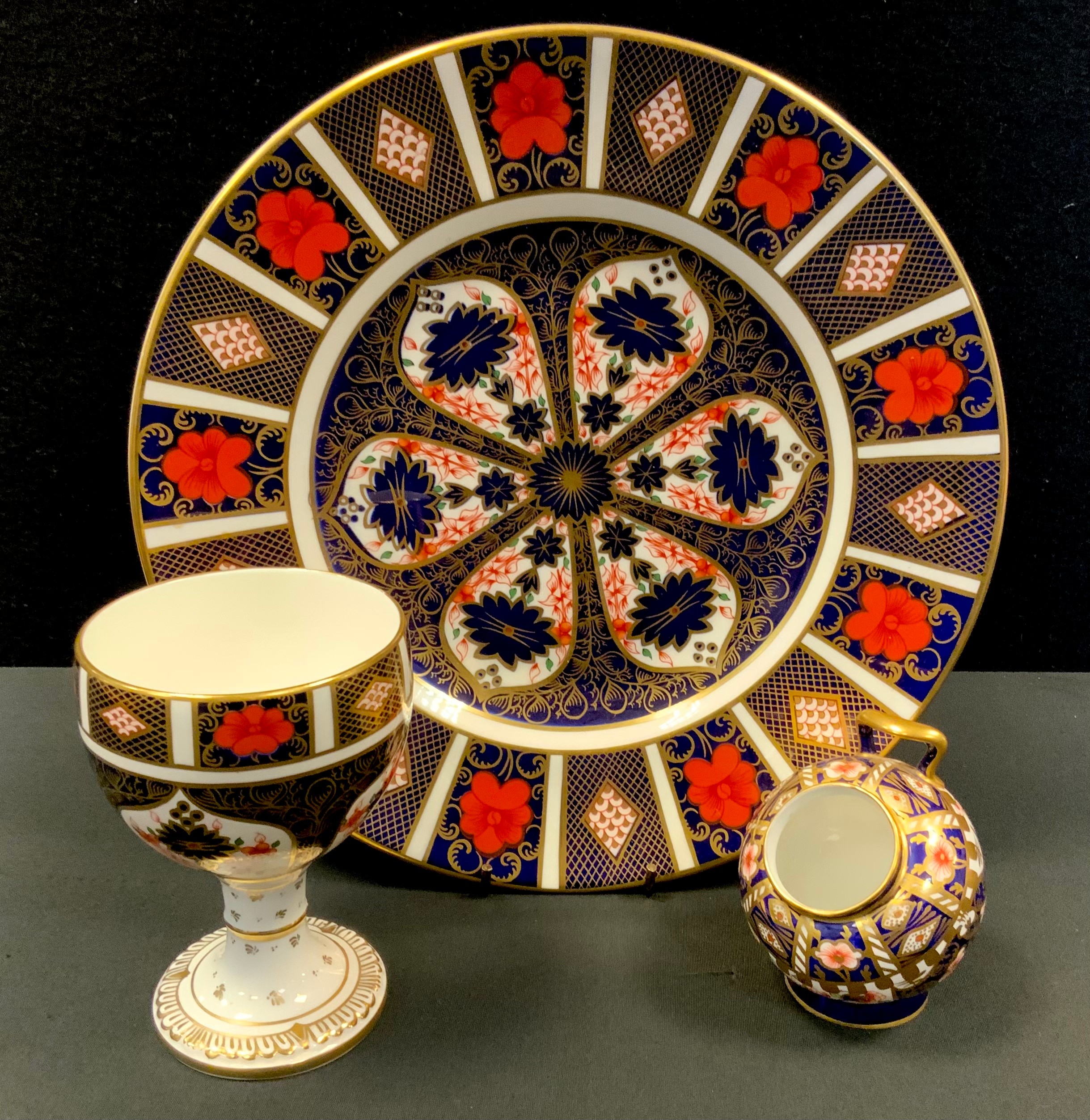 A Royal Crown 1128 imari chalice cup, 12cm high; similar plate, 26.5cm diameter; 2451 sugar