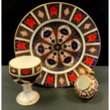 A Royal Crown 1128 imari chalice cup, 12cm high; similar plate, 26.5cm diameter; 2451 sugar