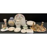 A Noritake seven piece dressing table set; Royal Crown Derby Coffee pot; cup and saucer; Aynsley;