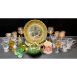 A set of five Victorian glass custard cups; pair of Mary Gregory style beakers; pair of amber