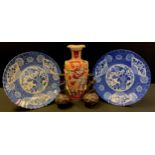 A pair of Japanese Inban blue and white circular scalloped dished plates, 31cm diameter; Satsuma