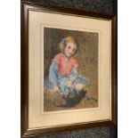 Impressionist School Young Girl and her Black Cat mixed medium, 33.5cm x 24.5cm