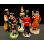 A Royal Doulton figure, The Guardsman, Hn 2784; others Iconic London Beefeater Hn5362; The Piper