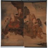 Chinese School, a pair, scrolls, worked in coloured threads and decorated in penwork with elders, a