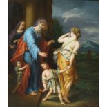 A large KPM porcelain rectangular plaque, painted in polychrome with Abraham Banishing Hager and