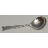 An 18th century Norwegian silver spoon, trefid terminal, the stem engraved with scrolling leaves,