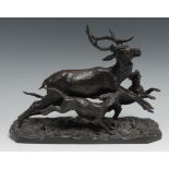 Christopher Fratin (1801 - 1864), after, a brown patinated bronze, deer and hunting dogs, canted