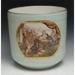 A large Continental porcelain cylindrical jardiniere, painted in polychrome with the Nativity,