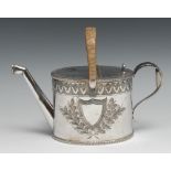 A Victorian E.P.B.M novelty hot water pot, as a gardener's watering can, bight-cut engraved,