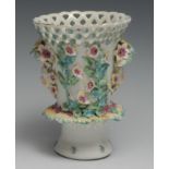 A Derby flared cylindrical frilled pot pourri vase, modelled with a pair of masks and profusely