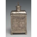 A Dutch silver rectangular tea caddy, profusely chased with busy scenes of putti and courting