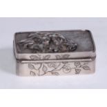 A Japanese silver and enamel rounded rectangular snuff box, hinged cover applied with three wise