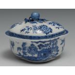 A Derby quartrefoil shaped tureen and cover, painted blue with flowers, huts and birds in flight,