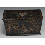 A Victorian papier mache tea caddy, inlaid with abalone shell and decorated in gilt, hinged cover