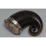 A 19th century Scottish silver mounted horn snuff mull, Hinged cover, 8cm long, c.1840