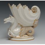 A Derby Crown Porcelain vase, modelled as a mythical seahorse supporting a stylised shell,