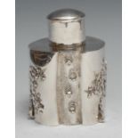 A Chinese silver prunus root shaped tea caddy, applied with blossoming branches, push-fitting cover,