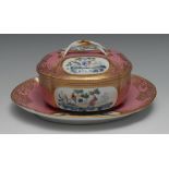 A 19th century Paris porcelain tureen, cover and stand, painted with birds in gilt cartouche on a