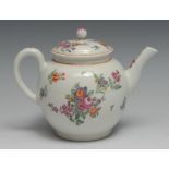 A Worcester globular teapot and cover, profusely painted with floral bouquets and sprigs in