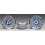 A pair of Worcester Royal Lily pattern saucer dishes, 19.5cm diam, c. 1790; a similar bowl, 16.5cm