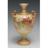 A Royal Worcester two-handled ovoid pedestal vase, printed and painted with flowers on blush ivory