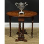 A Victorian walnut Sutherland table, of small proportions, oval top with fall leaves, turned