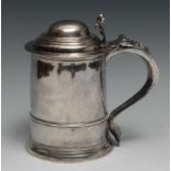 London Livery Companies - a George I silver cylindrical tankard, hinged domed cover with Onslow