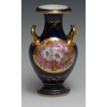 A Coalport two handled pedestal vase, painted with roses and other flowers in a gilt cartouche,