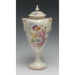 A Royal Worcester two handled pedestal ovoid vase and cover, painted with summer flowers, 28.5cm