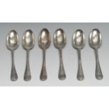 A set of six George II Scottish silver Hanoverian pattern table spoons, 20.5cm long, master's mark