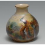 A Royal Worcester ovoid vase, painted by J Flexman, signed, painted with a peacock, 7.5cm high,