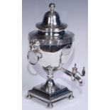 A George III Old Sheffield Plate pedestal coffee urn, domed cover with ball finial, lion mask