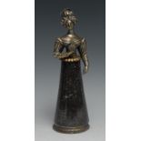 An unusual French silvered bronze and marble desk weight, as a lady of fashion, 26.5cm high