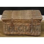 A country house wicker linen basket, hinged top, leather straps, 38.5cm high, 80cm wide, 56cm deep
