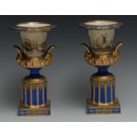 A pair of 19th century Minton pedestal campana vases, painted by Thomas Till, with sailing boats off