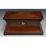 A post-Regency rosewood concave sarcophagus tea caddy, hinged cover enclosing a bowl aperture and