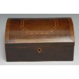 A George III mahogany domed rectangular work box, hinged cover inlaid and outlined with boxwood,