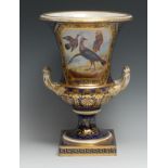 A 19th century Derby two handled campana shaped vase, painted in the manner Richard Dodson, in