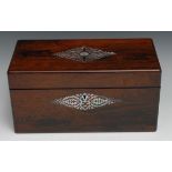 A large Victorian rosewood and mother of pearl marquetry rectangular tea caddy, probably Irish,