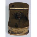 A George III brass momento mori snuff box, hinged cover applied with a skull, 7cm long, c.1800