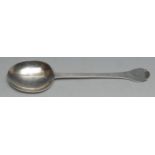 A James II provincial silver West Country Trefid spoon, pricked initials ML, 20cm long, John