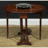 A Victorian walnut Sutherland table, of small proportions, oval top with fall leaves, turned