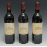 Wine - three bottles, Chateau Margaux Pavillon Rouge 1991, 12.5% vol, 75cl, sealed level at base