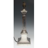 A George V silver Corinthian column table lamp, stepped square base with gadroooned border, 35cm