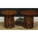 A near pair of Burmese red lacquer Hoshiarpur tables, decorated throughout in the traditional manner