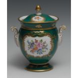 A Dresden porcelain vase and cover. painted with colourful summer flowers within a gilt cartouche,