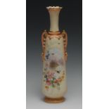 A Locke & Co. Worcester slender ovoid two handled vase, painted with a lake scene with with an