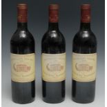 Wine - three bottles, Chateau Margaux Pavillon Rouge 1991, 12.5% vol, 75cl, sealed level at base