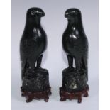 A pair of Chinese jade carvings, of parrots, hardwood stands, 26.5cm high overall, 19th/early 20th